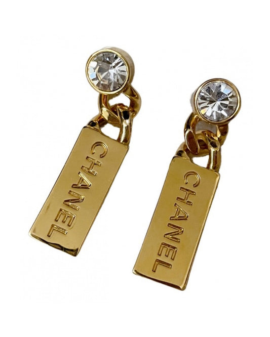 Chanel Crystal Tag Drop Earrings Gold 水晶耳環 - STAY PURE